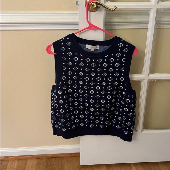 Loft Floral Blue Jacquard Sleeveless Sweater Top Ribbed Trim Petite Extra Large - Picture 13 of 15